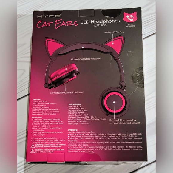 Hype Cat Ears LED Headphones with mic, in-line microphone, pink & black - Picture 2 of 2